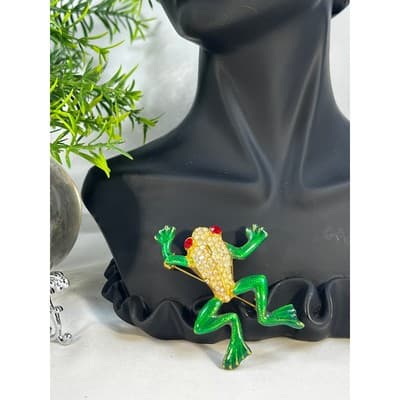 Vintage Jewelry Frog Toad Green Brooch Pin Gold Tone RARE 2.5" - Thumbnail 4