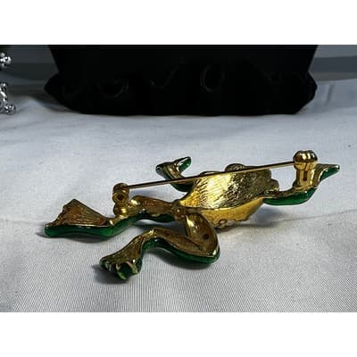 Vintage Jewelry Frog Toad Green Brooch Pin Gold Tone RARE 2.5" - Thumbnail 21