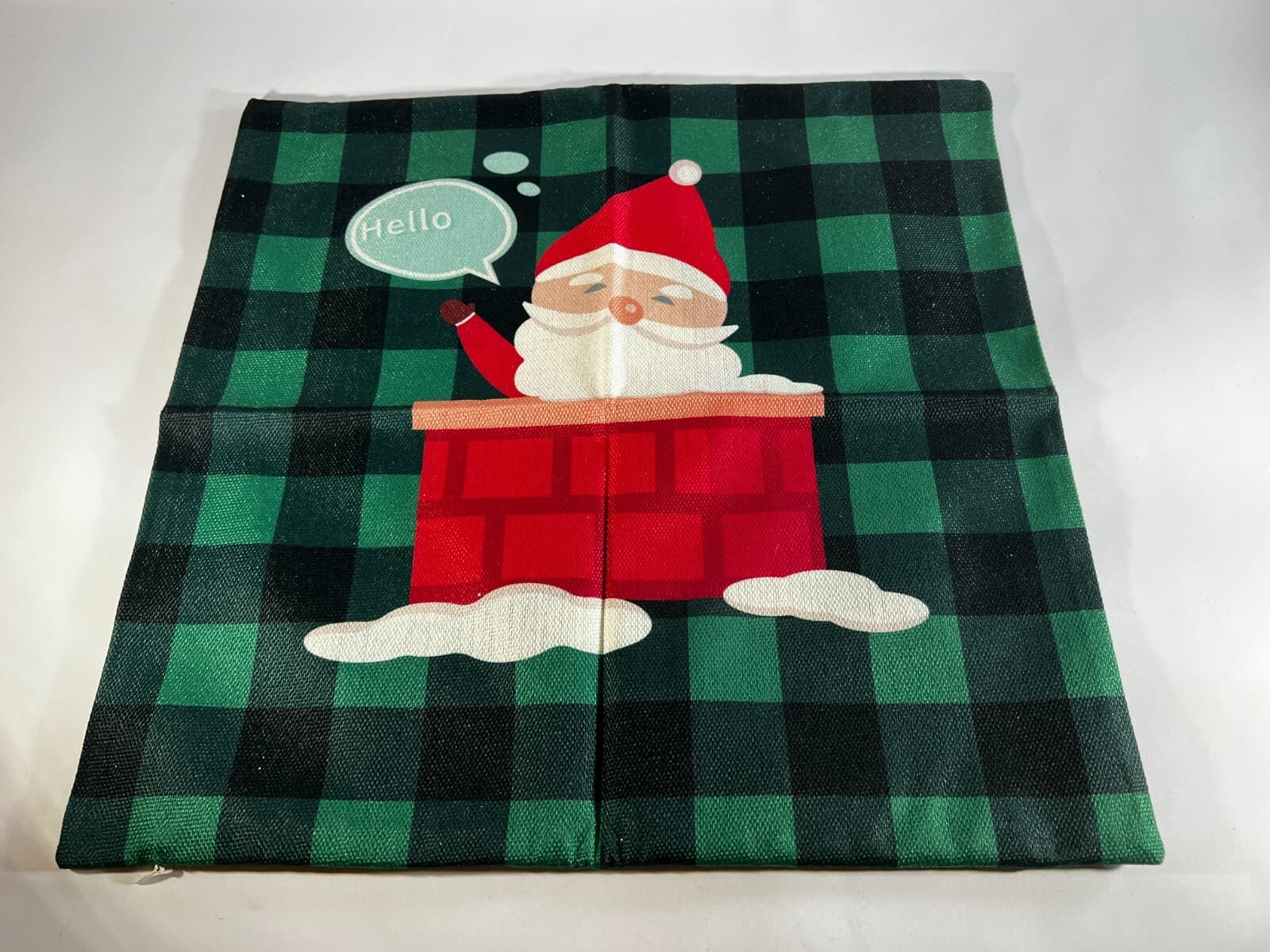 Christmas Pillow Cover Zipper Canvas Fabric Holiday Hello Santa Chimney NEW