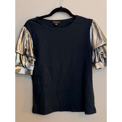 Current Air Metallic Crew Neck Pull Over Tiered Ruffle Sleeves Top Black S NWOT - Thumbnail 2