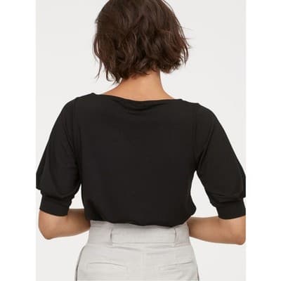 H&M Women's Jersey Crepe Puff Short Sleeve Boat Neck Blouse Black Small NWOT - Thumbnail 3