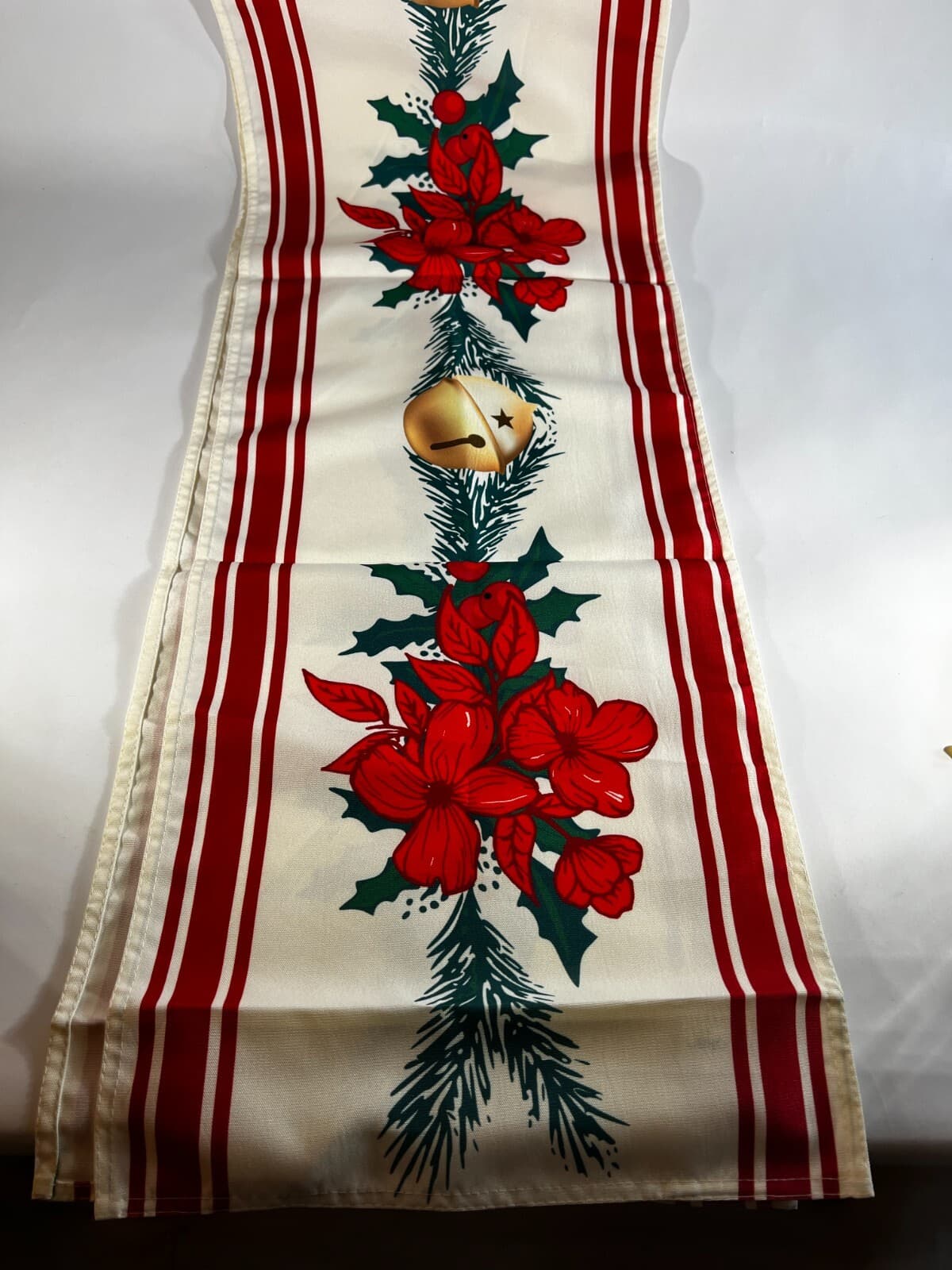 Holiday Table Runner Poinsettia Bells Red Gold Christmas Cloth 6 ft Softalker - Thumbnail 4