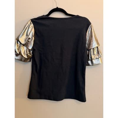 Current Air Metallic Crew Neck Pull Over Tiered Ruffle Sleeves Top Black S NWOT - Thumbnail 11