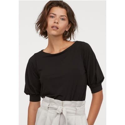 H&M Women's Jersey Crepe Puff Short Sleeve Boat Neck Blouse Black Small NWOT - Thumbnail 2