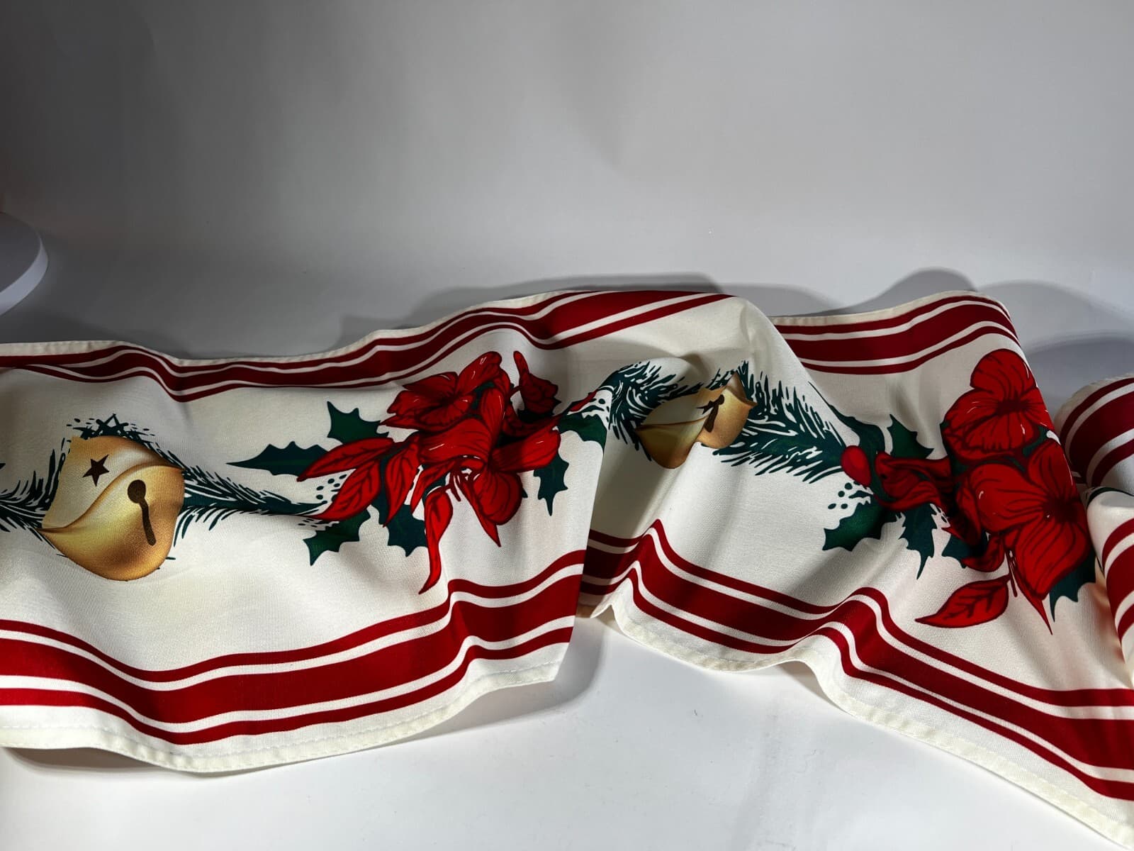 Holiday Table Runner Poinsettia Bells Red Gold Christmas Cloth 6 ft Softalker - Thumbnail 2