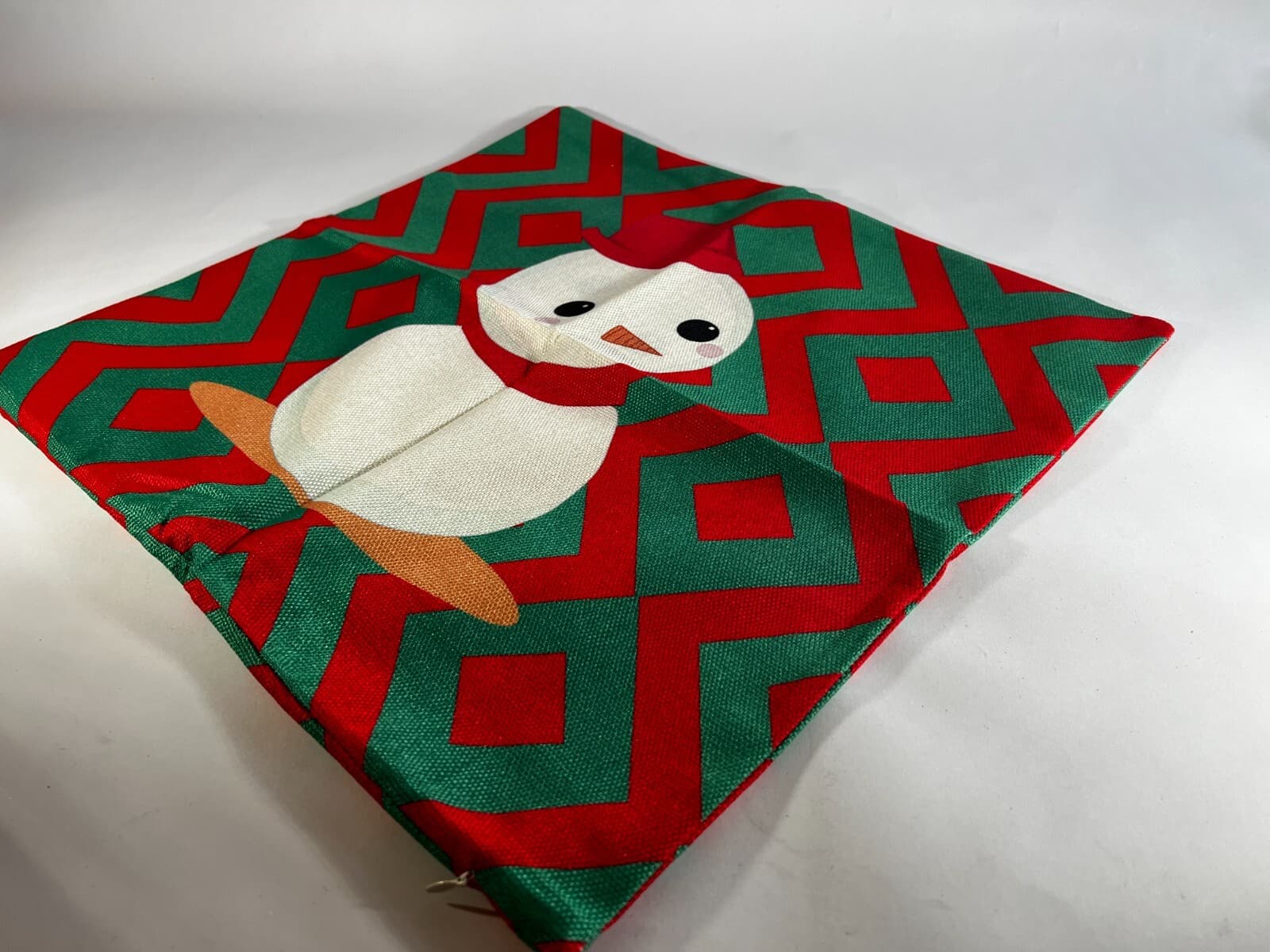 Christmas Pillow Cover Zipper Canvas Fabric Holiday Square Snowman Green Red NEW - Thumbnail 5