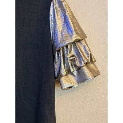 Current Air Metallic Crew Neck Pull Over Tiered Ruffle Sleeves Top Black S NWOT - Thumbnail 5