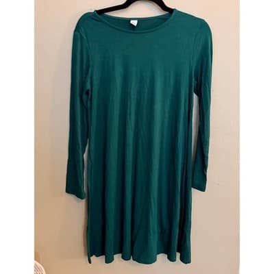 Old Navy Long-Sleeve Jersey-Knit Mini Swing Crew Neckline Dress Green Small EUC - Thumbnail 2