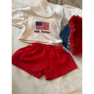 Build-A-Bear BABW Outfit Patriotic Red White Blue Hug Freely Top Shorts Hat Jean - Thumbnail 2