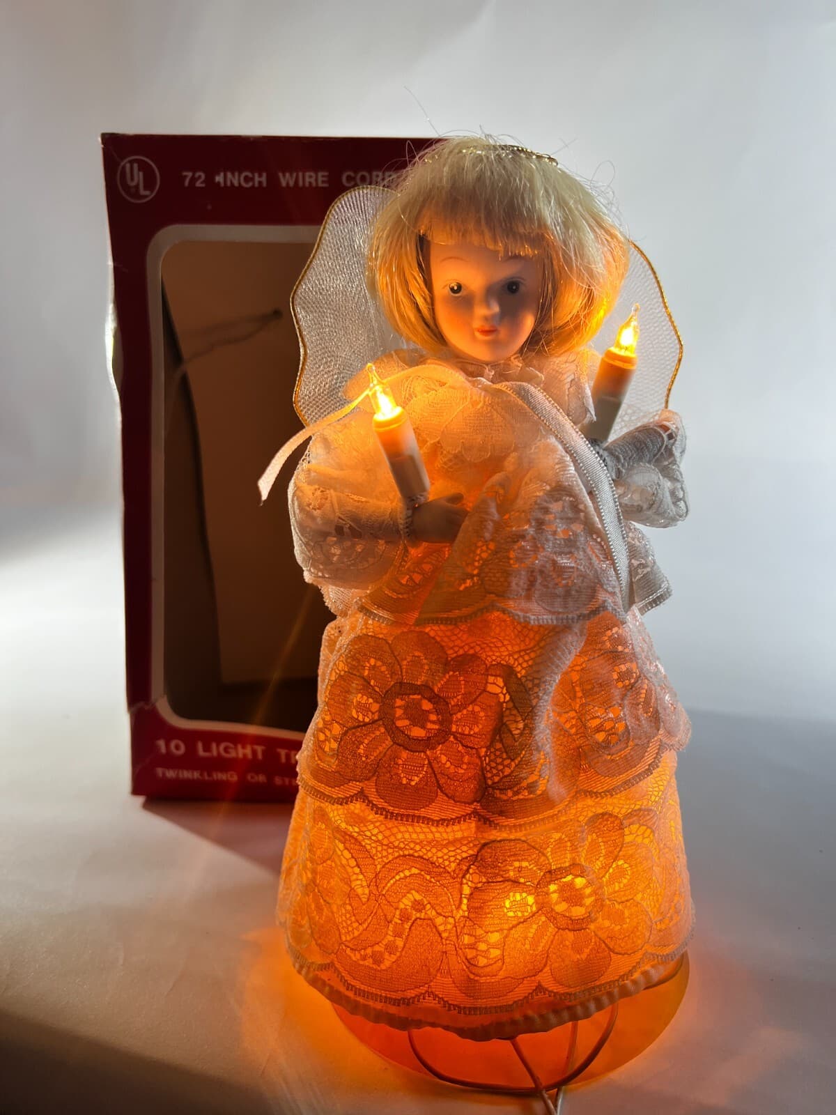 Vintage Lighted Angel Christmas Tree Topper Works Porcelain Face in Original Box - Thumbnail 3