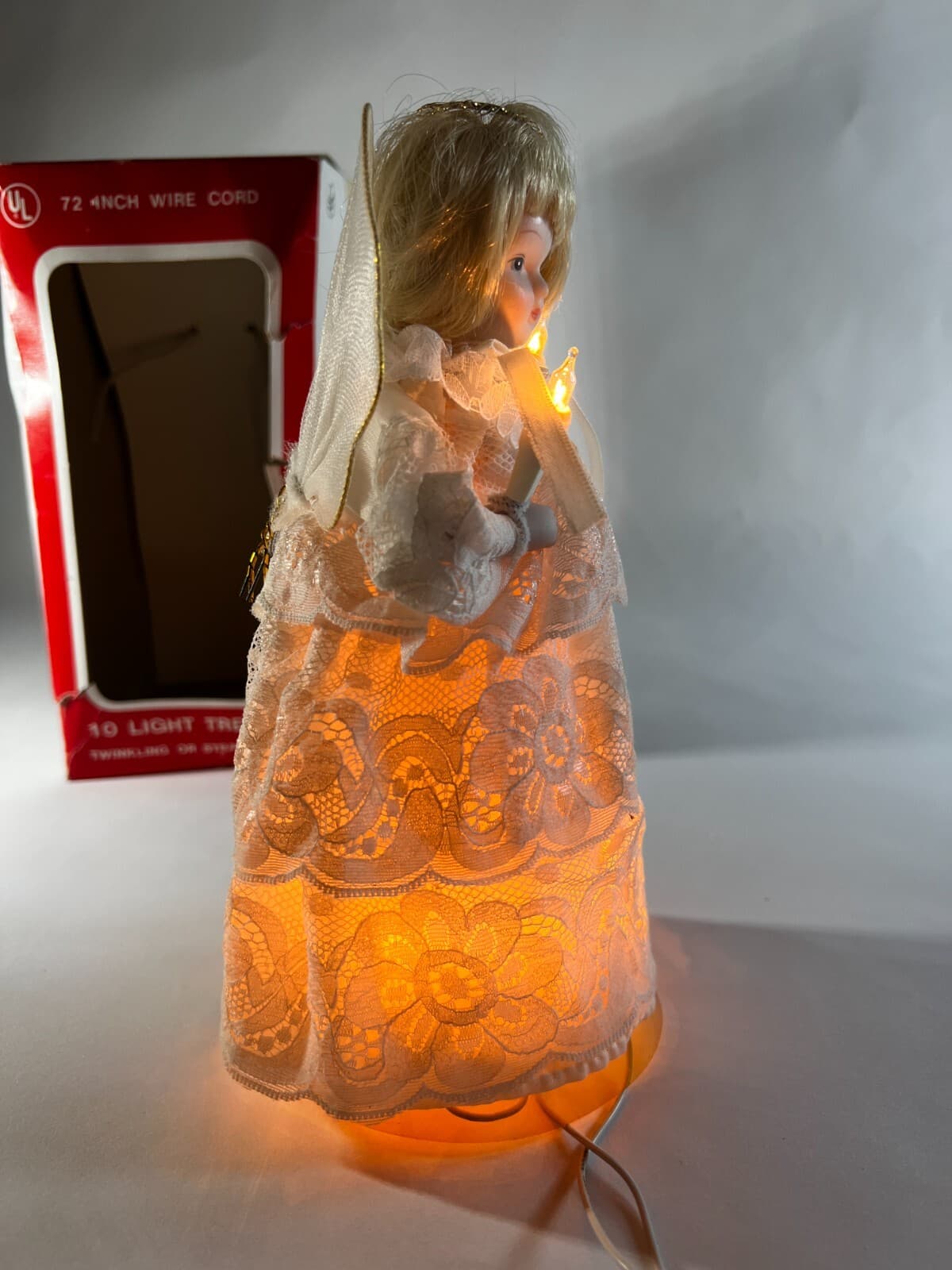 Vintage Lighted Angel Christmas Tree Topper Works Porcelain Face in Original Box - Thumbnail 11