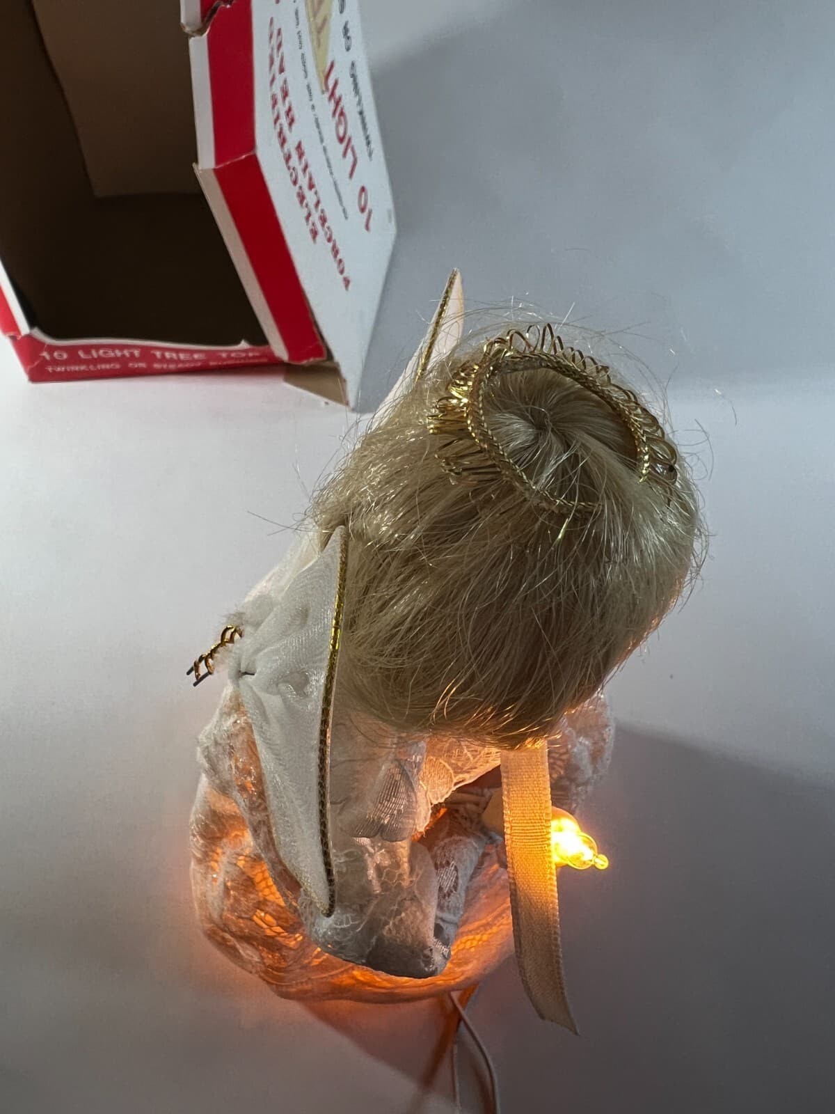 Vintage Lighted Angel Christmas Tree Topper Works Porcelain Face in Original Box - Thumbnail 12
