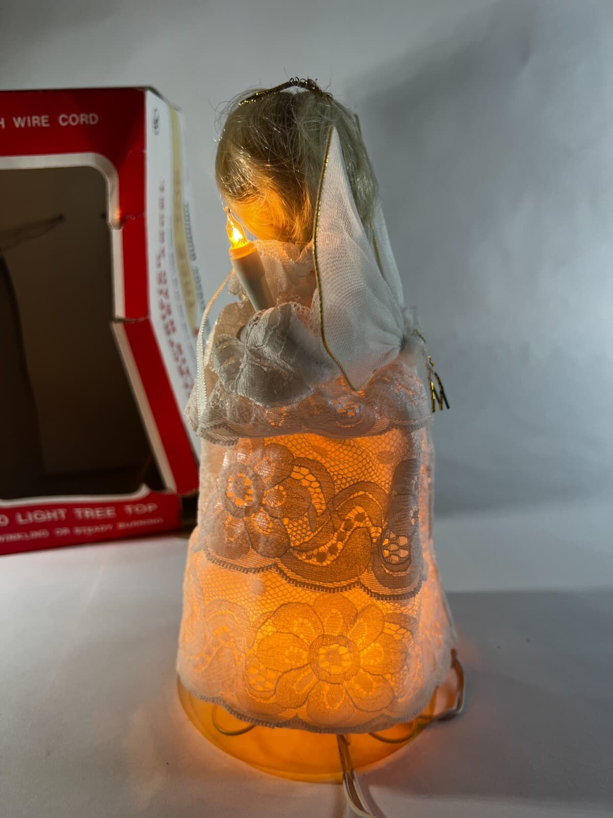 Vintage Lighted Angel Christmas Tree Topper Works Porcelain Face in Original Box - Thumbnail 9