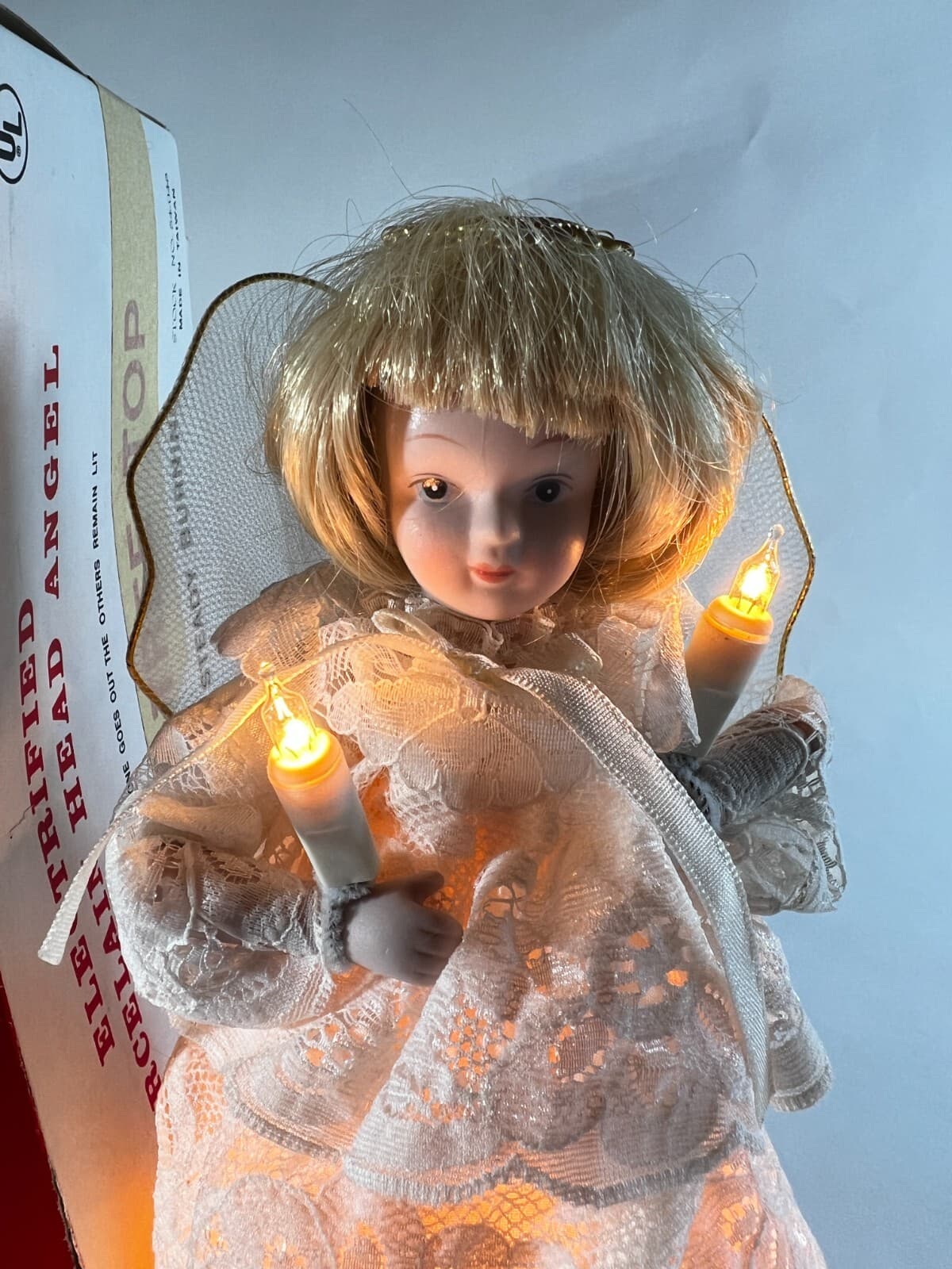 Vintage Lighted Angel Christmas Tree Topper Works Porcelain Face in Original Box - Thumbnail 7