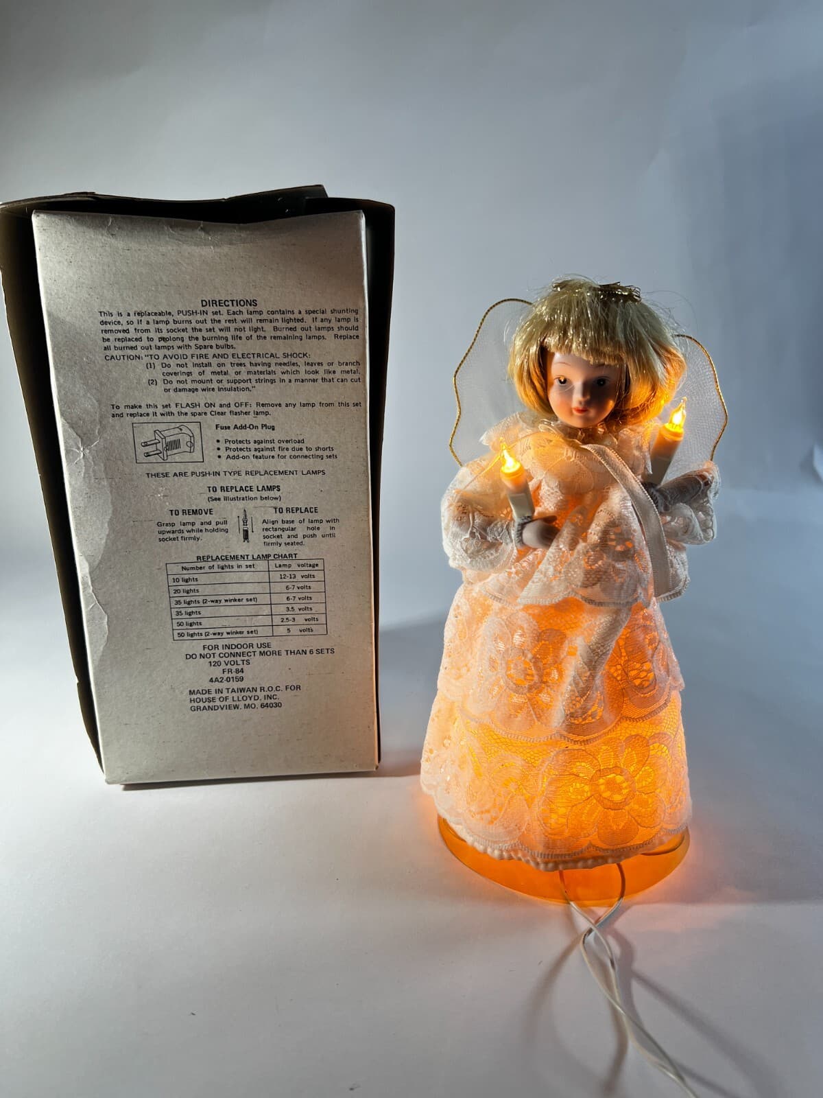 Vintage Lighted Angel Christmas Tree Topper Works Porcelain Face in Original Box - Thumbnail 19