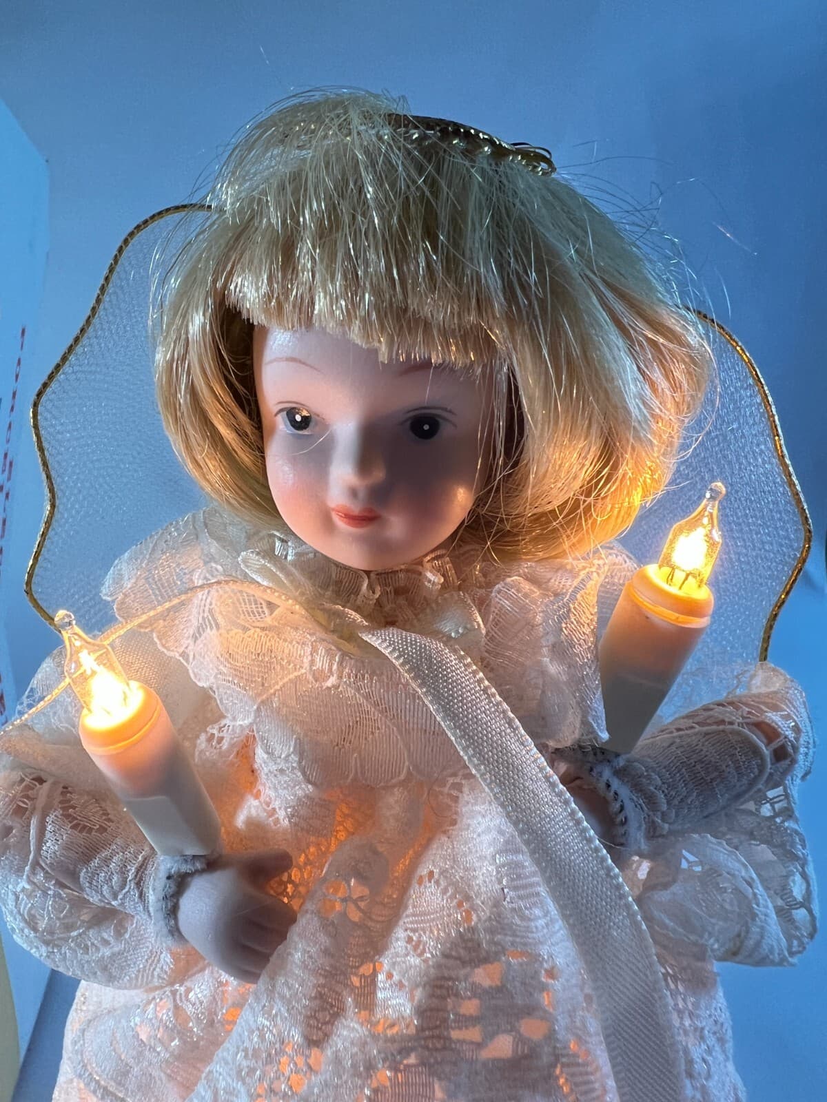 Vintage Lighted Angel Christmas Tree Topper Works Porcelain Face in Original Box - Thumbnail 20