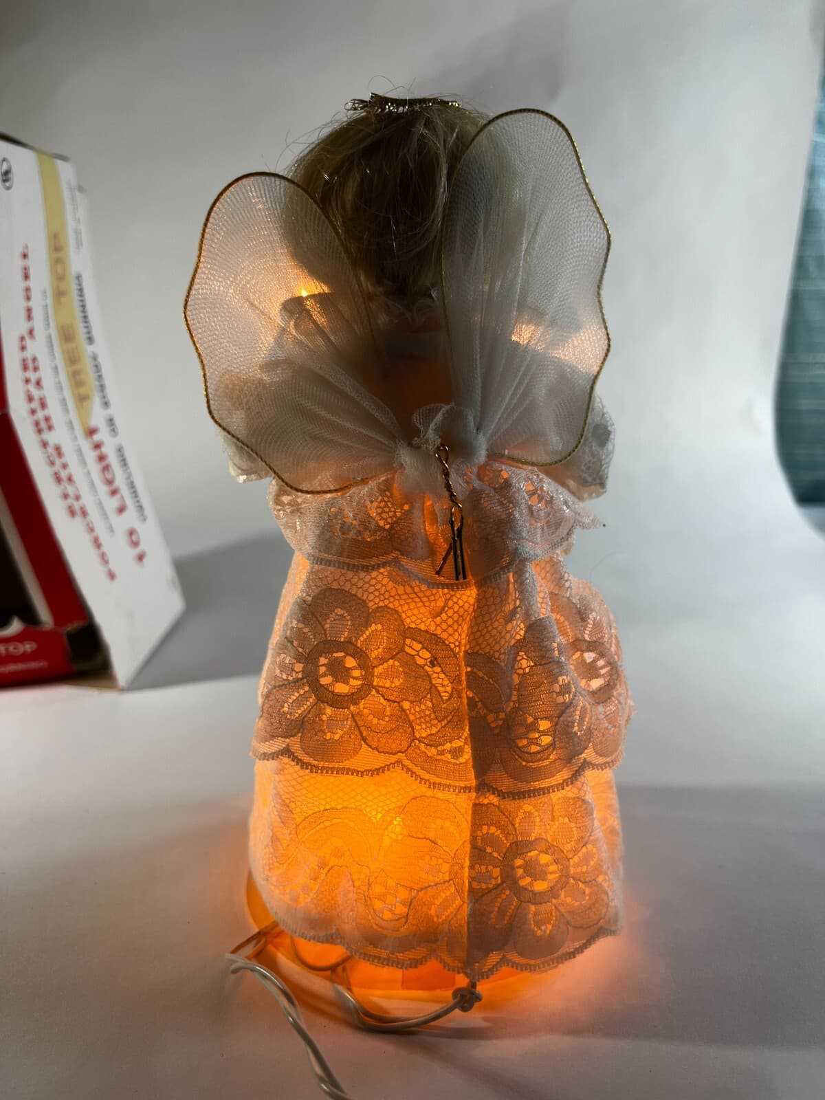 Vintage Lighted Angel Christmas Tree Topper Works Porcelain Face in Original Box - Thumbnail 10