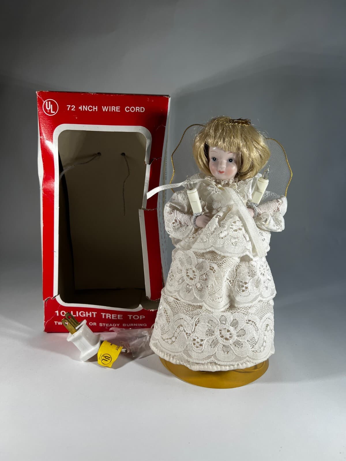 Vintage Lighted Angel Christmas Tree Topper Works Porcelain Face in Original Box - Thumbnail 2