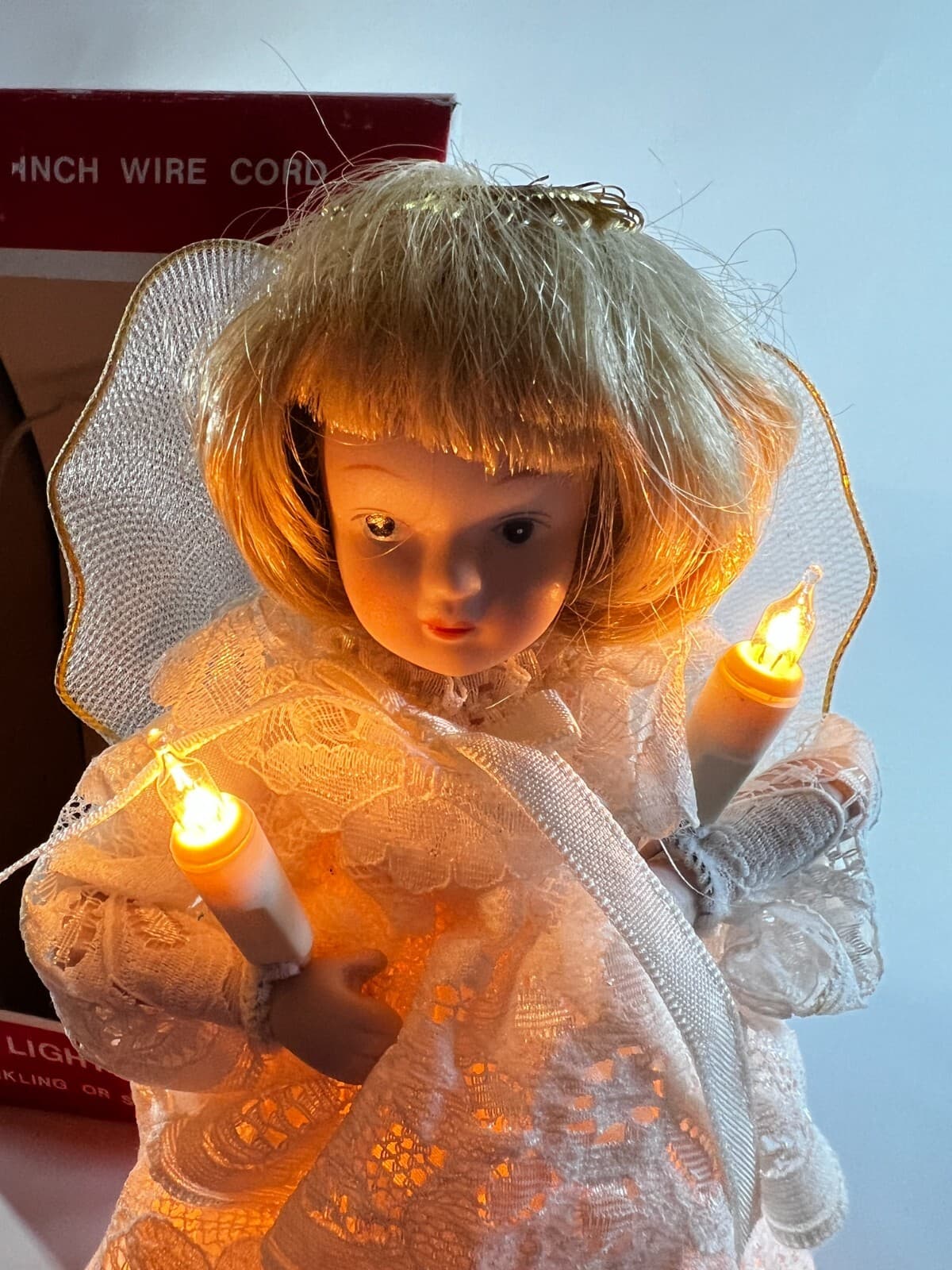 Vintage Lighted Angel Christmas Tree Topper Works Porcelain Face in Original Box - Thumbnail 4