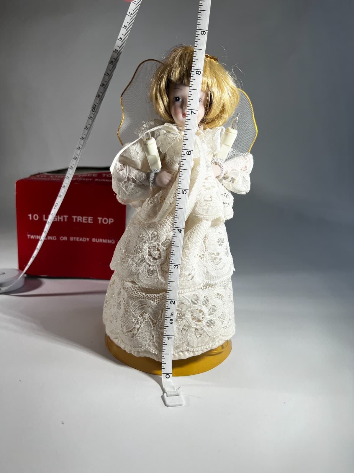 Vintage Lighted Angel Christmas Tree Topper Works Porcelain Face in Original Box - Thumbnail 22