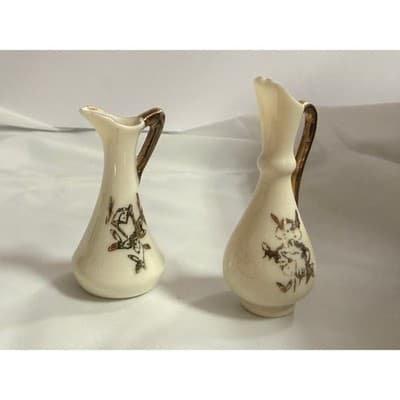 Set of 2 Vintage Porcelain Ivory and Gold Miniature Vases Pitchers Glassware - Thumbnail 9