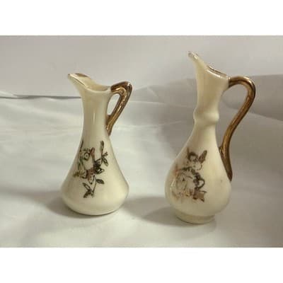 Set of 2 Vintage Porcelain Ivory and Gold Miniature Vases Pitchers Glassware - Thumbnail 10
