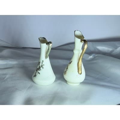 Set of 2 Vintage Porcelain Ivory and Gold Miniature Vases Pitchers Glassware - Thumbnail 5