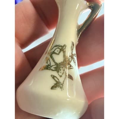Set of 2 Vintage Porcelain Ivory and Gold Miniature Vases Pitchers Glassware - Thumbnail 3