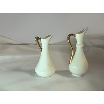 Set of 2 Vintage Porcelain Ivory and Gold Miniature Vases Pitchers Glassware - Thumbnail 6