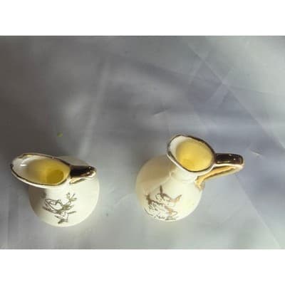Set of 2 Vintage Porcelain Ivory and Gold Miniature Vases Pitchers Glassware - Thumbnail 11