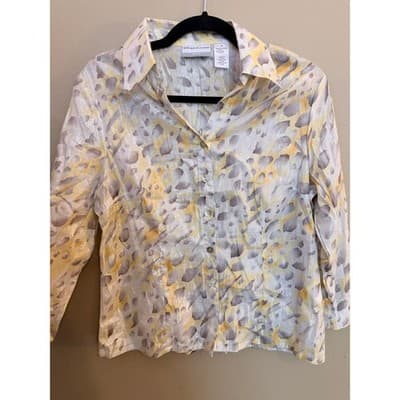 Alfred Dunner Petite Blouse Gray Yellow Print Button Front Quarter Sleeve Small - Thumbnail 2