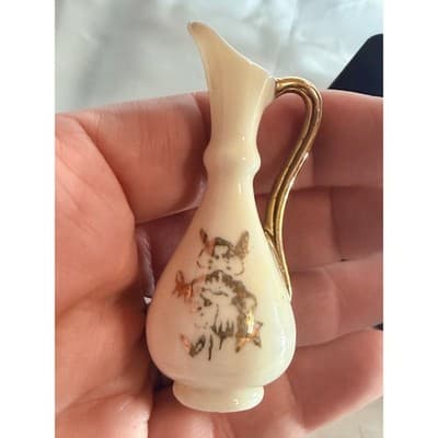 Set of 2 Vintage Porcelain Ivory and Gold Miniature Vases Pitchers Glassware - Thumbnail 4