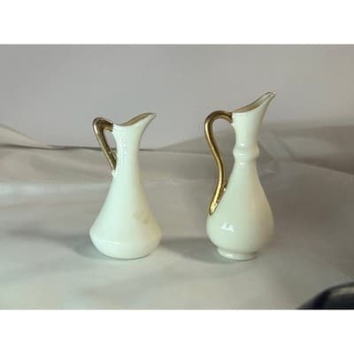 Set of 2 Vintage Porcelain Ivory and Gold Miniature Vases Pitchers Glassware - Thumbnail 7