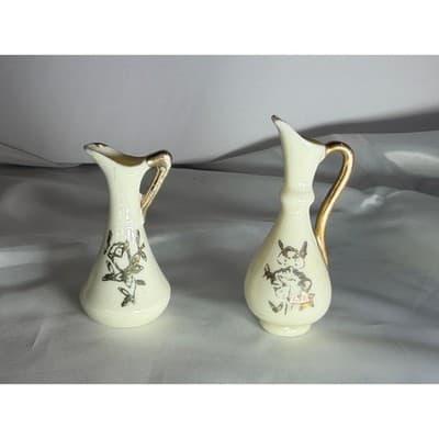 Set of 2 Vintage Porcelain Ivory and Gold Miniature Vases Pitchers Glassware - Thumbnail 2