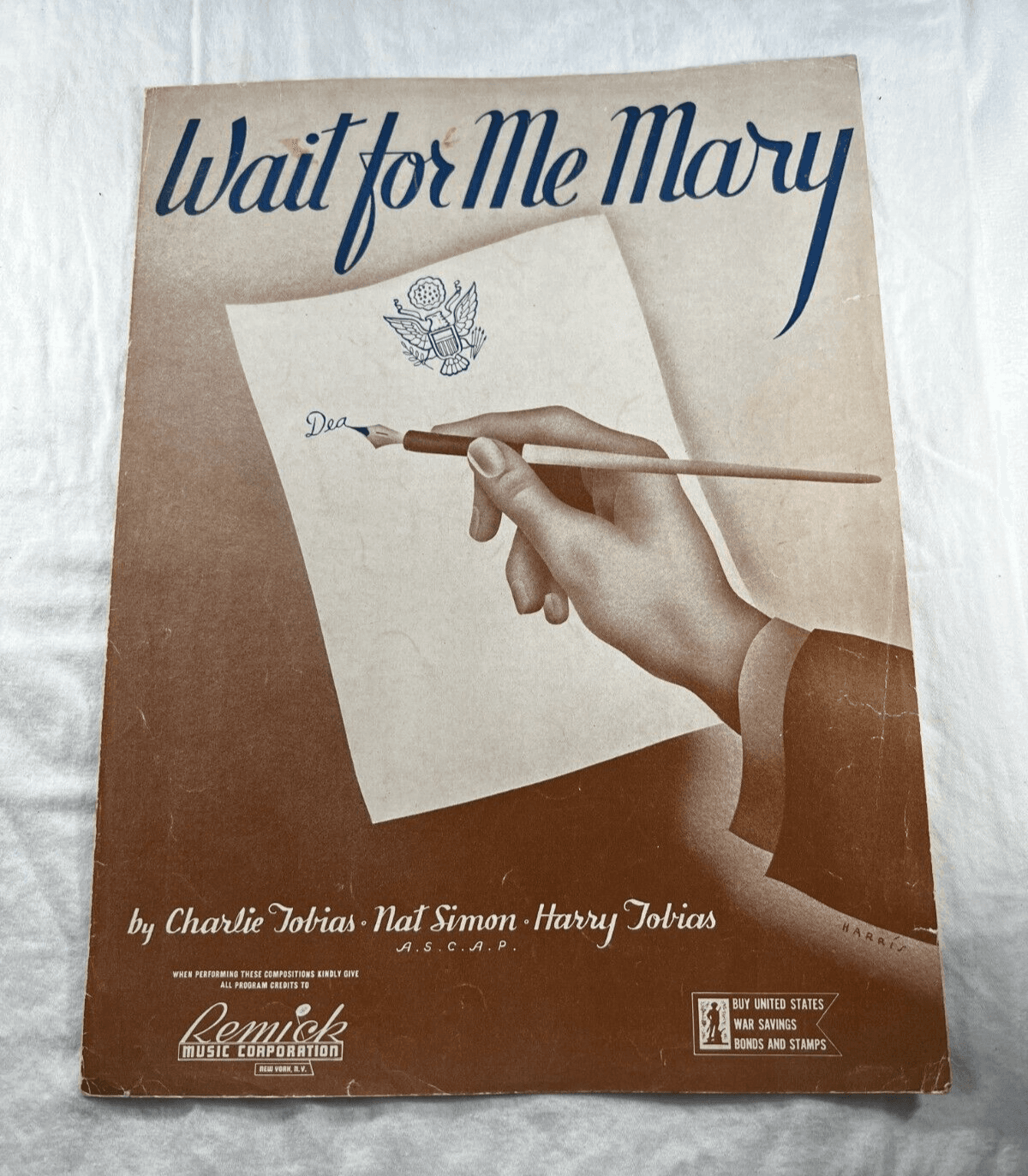 Vintage Sheet Music 1942 Wait For Me Mary WWII War Military Tobias Simon Remick