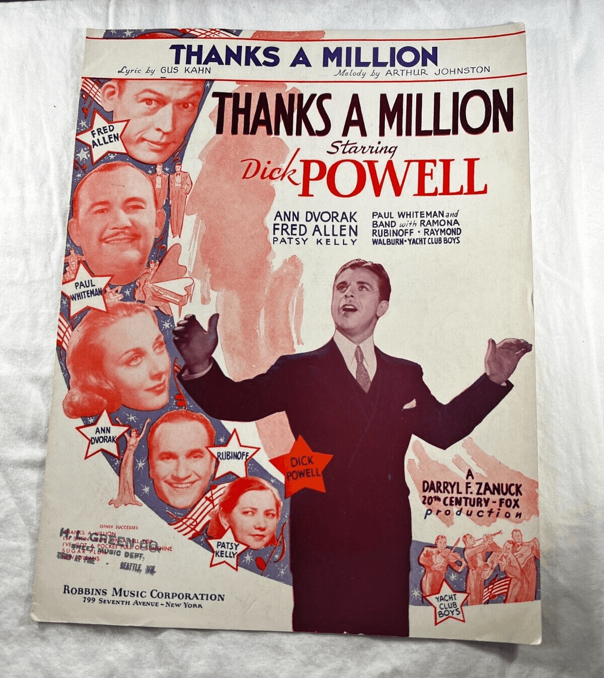 Vintage Sheet Music 1935 Thanks A Million Dick Powell Yacht Club Boys Gus Kahn