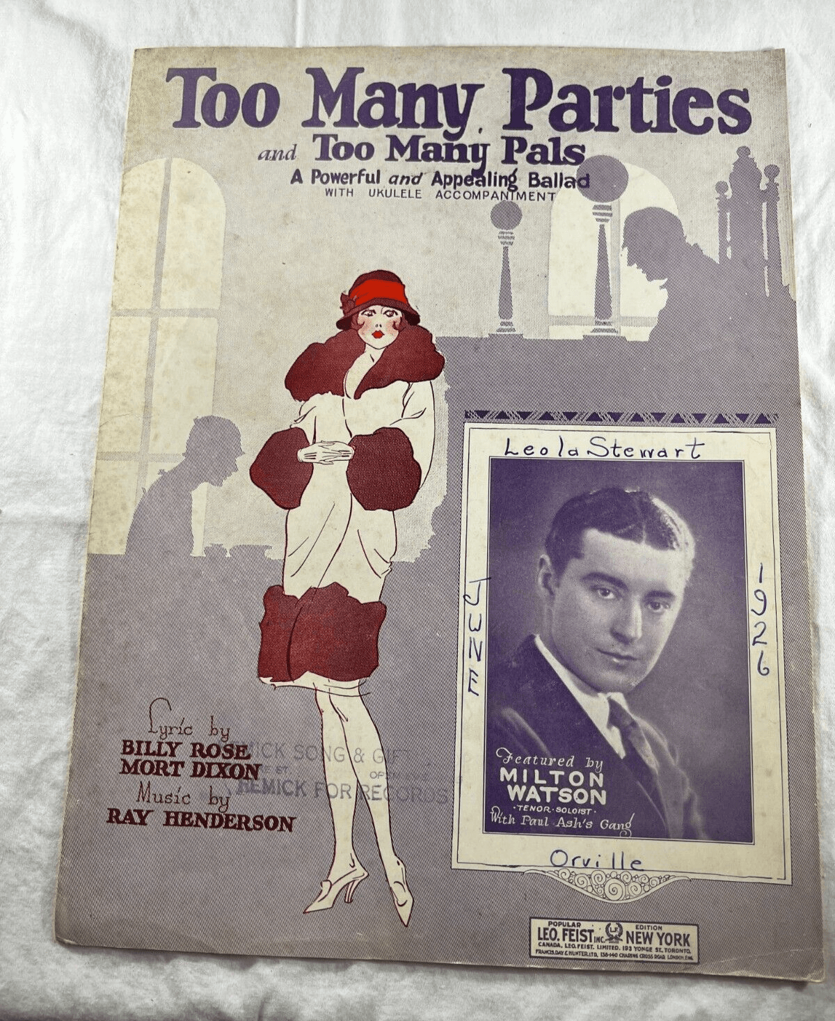 Vintage Sheet Music 1925 Too Many Parties and Pals Milton Watson Feist Henderson