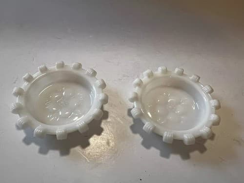 2 Vintage Hazel Atlas Apple Blossom Floral Dogwood Coasters Ashtray Milk Glass