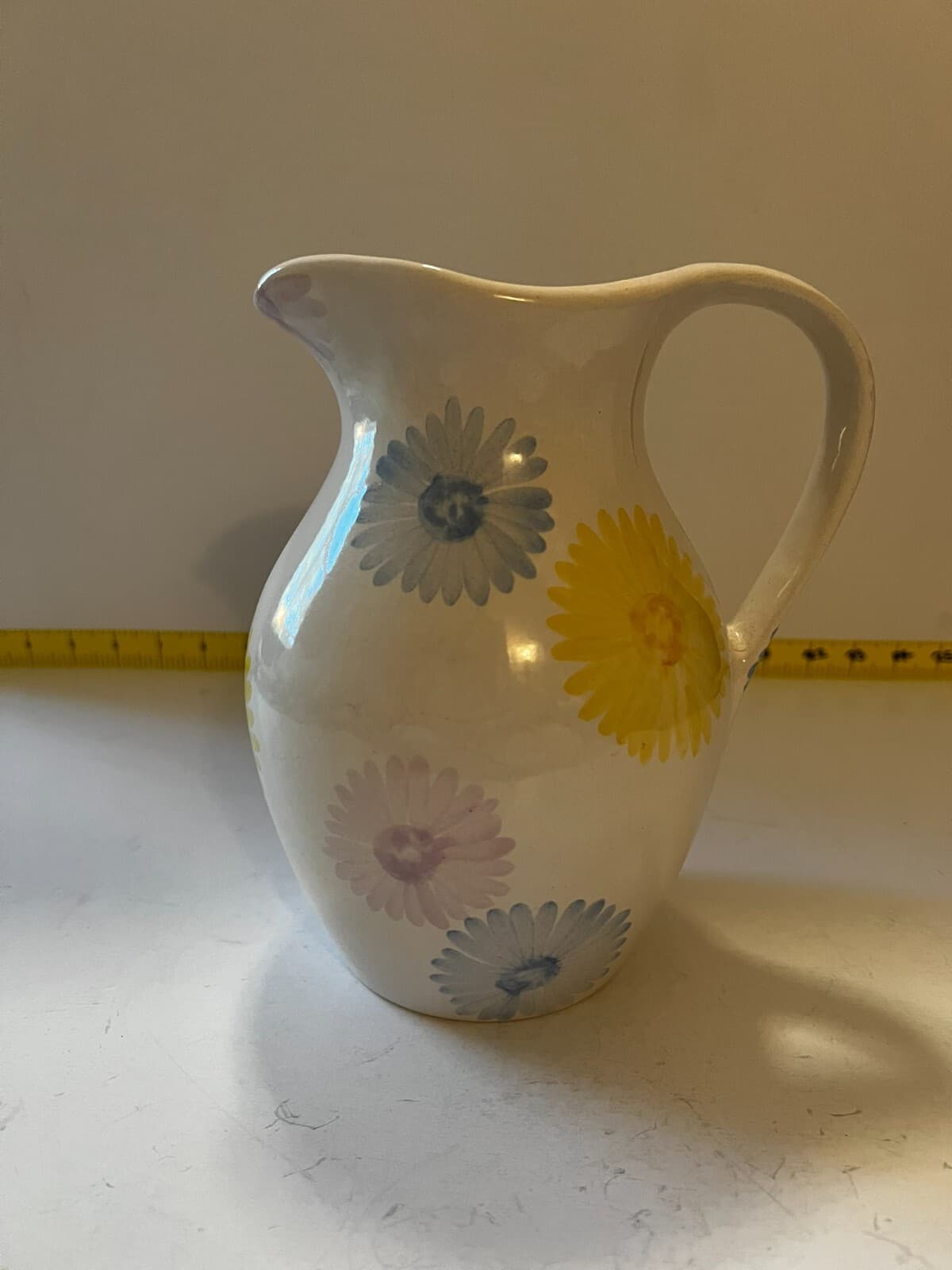 Spring Farmhouse White Floral Art Ware Pitcher Hand Painted Flower Design Vtg