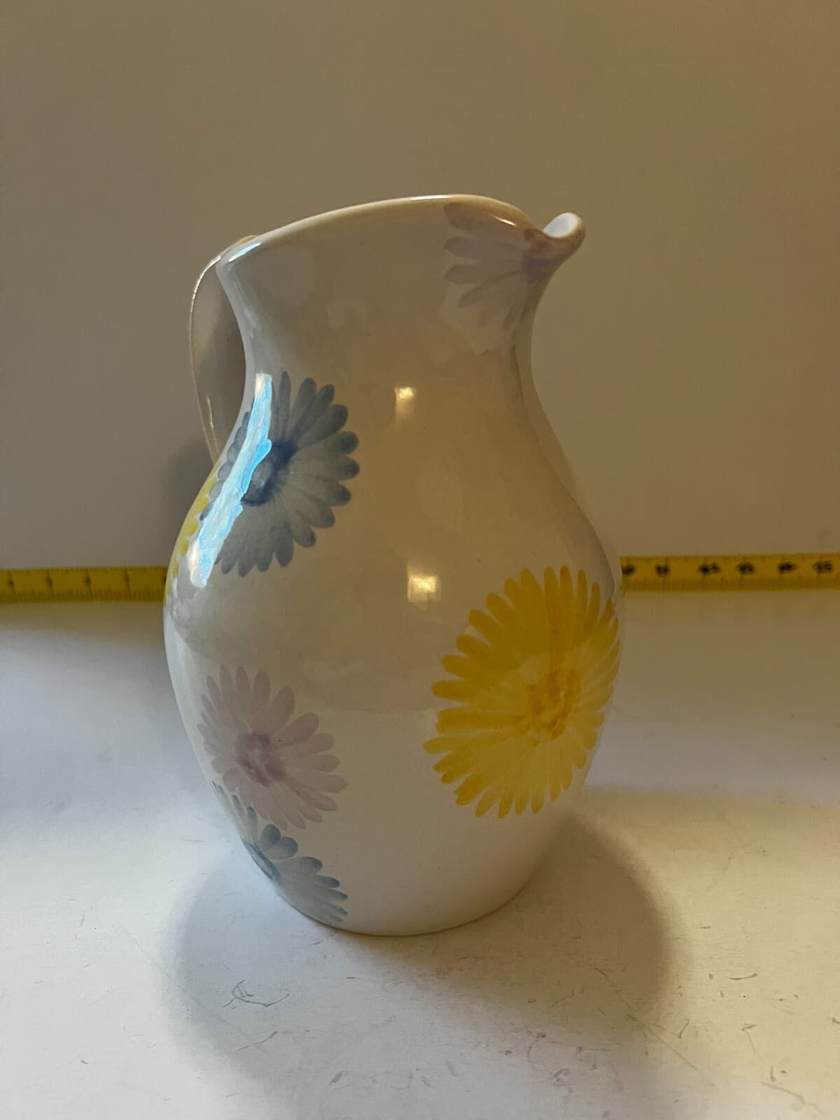 Spring Farmhouse White Floral Art Ware Pitcher Hand Painted Flower Design Vtg - Thumbnail 4