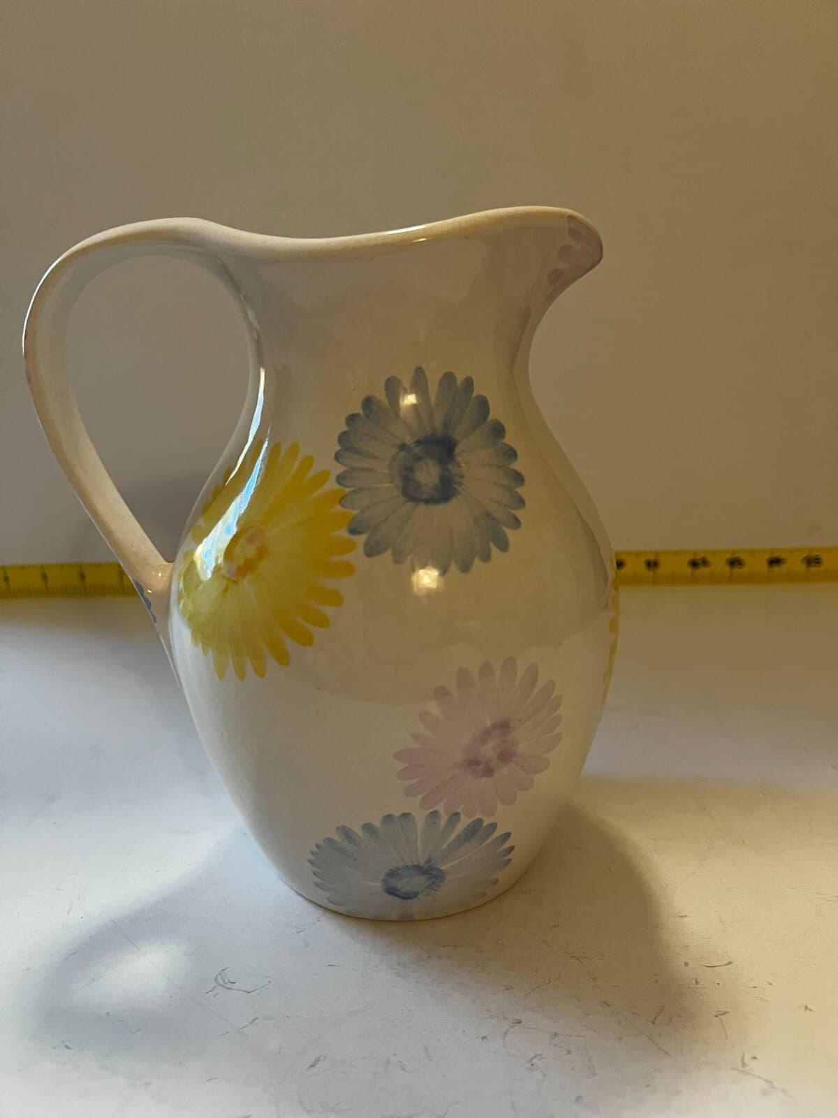 Spring Farmhouse White Floral Art Ware Pitcher Hand Painted Flower Design Vtg - Thumbnail 5
