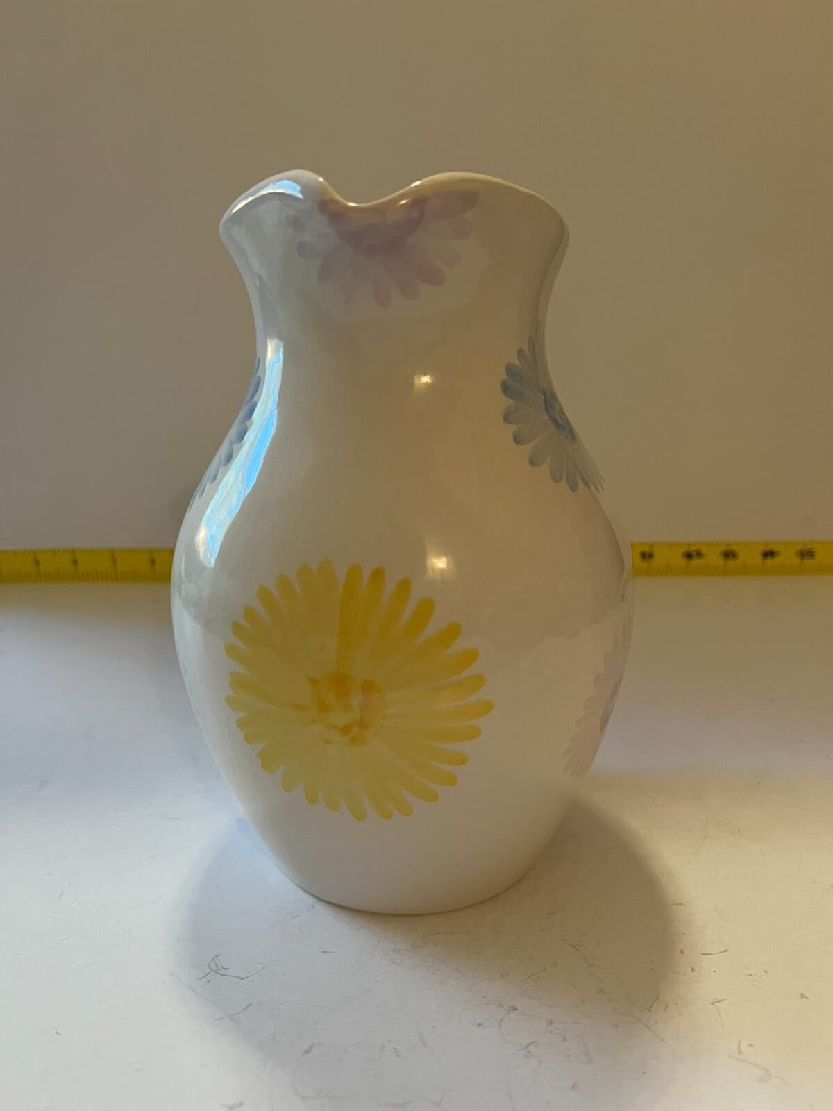 Spring Farmhouse White Floral Art Ware Pitcher Hand Painted Flower Design Vtg - Thumbnail 3