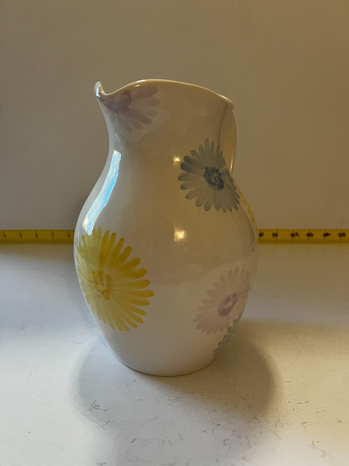 Spring Farmhouse White Floral Art Ware Pitcher Hand Painted Flower Design Vtg - Thumbnail 2