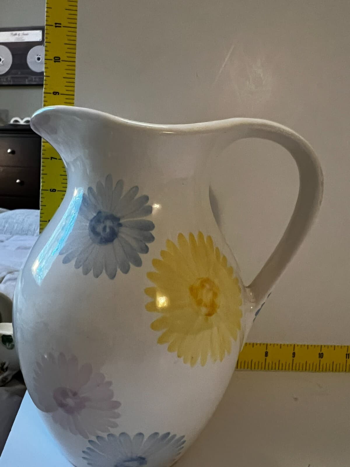 Spring Farmhouse White Floral Art Ware Pitcher Hand Painted Flower Design Vtg - Thumbnail 15