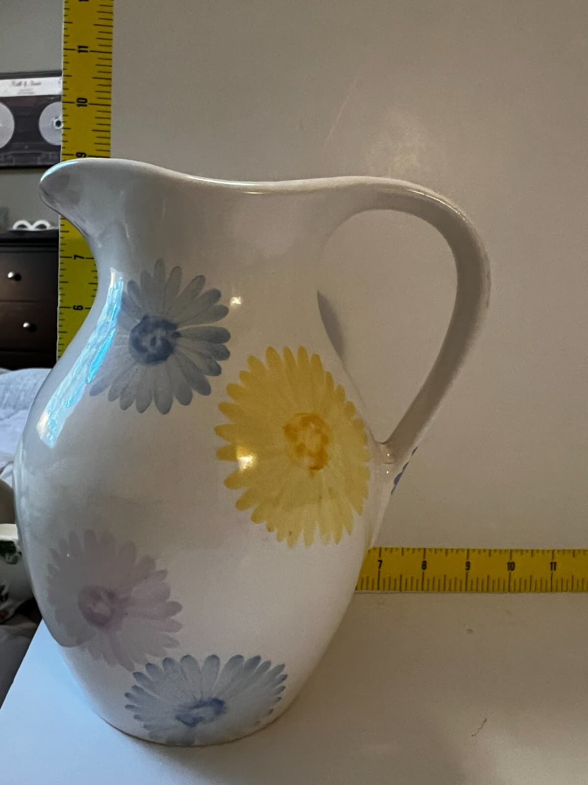 Spring Farmhouse White Floral Art Ware Pitcher Hand Painted Flower Design Vtg - Thumbnail 16