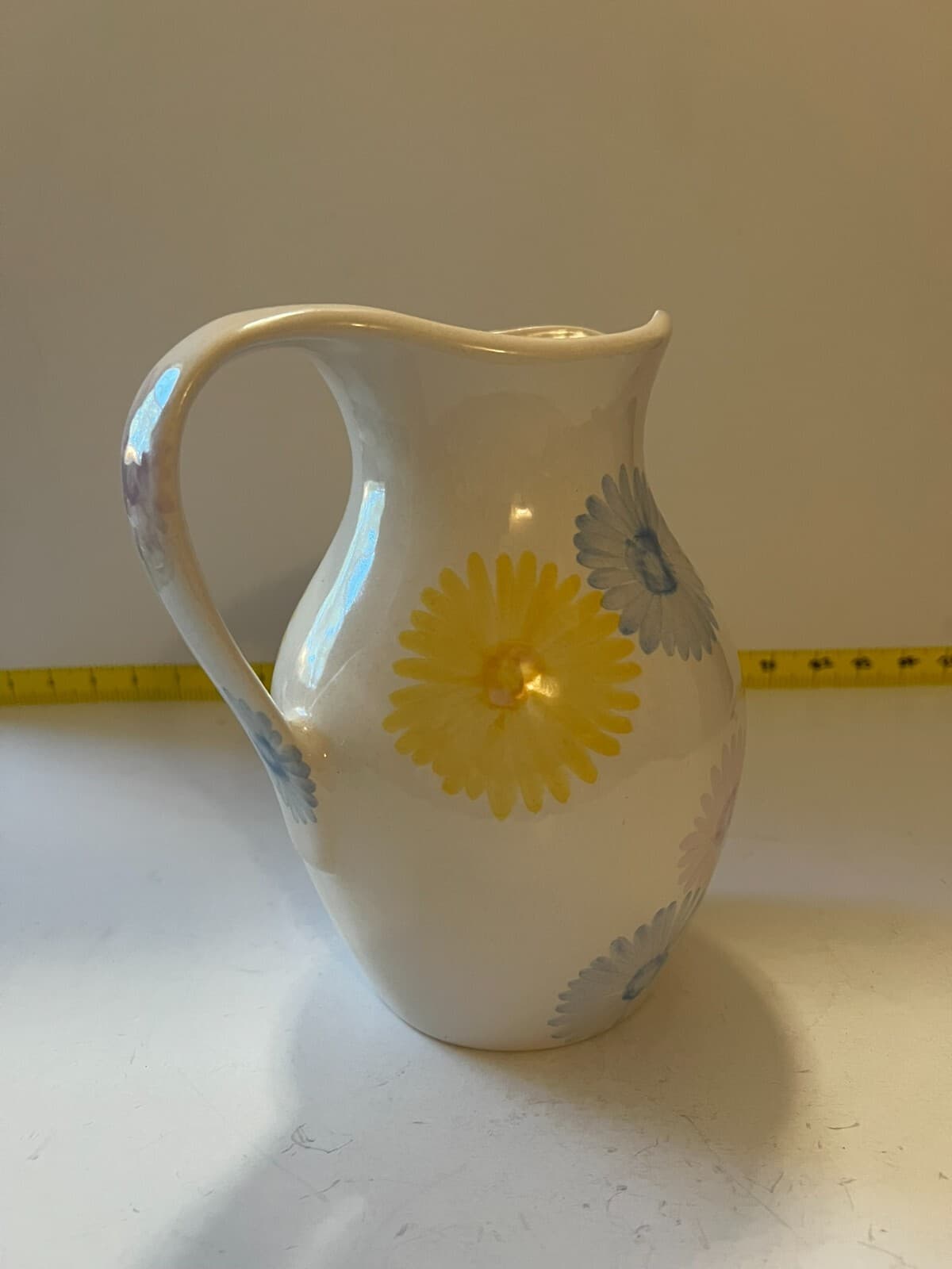 Spring Farmhouse White Floral Art Ware Pitcher Hand Painted Flower Design Vtg - Thumbnail 6
