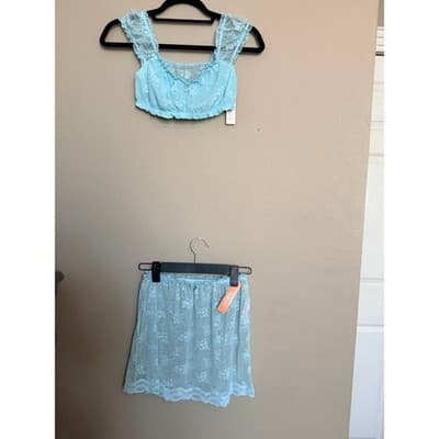 Colsie Lace Bralette & Skirt Set Blue Floral Lingerie 2 Piece Size Small NWT