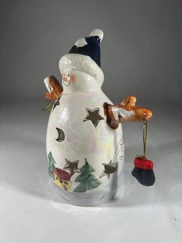 Vintage Christmas Snowman Ceramic Tea light Holder Mittens Stars Moon Whimsical - Thumbnail 4