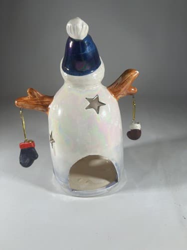 Vintage Christmas Snowman Ceramic Tea light Holder Mittens Stars Moon Whimsical - Thumbnail 8