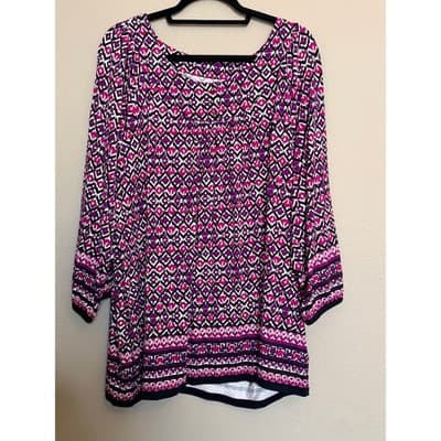 Charter Club Women's Loose Fit Scoop Neck Long Sleeve Blouse Black/Pink 3x